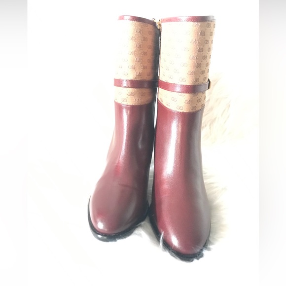GUCCI Finn Mixed Media Ankle Boot Vintage  Bordeaux Brown Leather Size 38/8 NEW - Picture 5 of 11